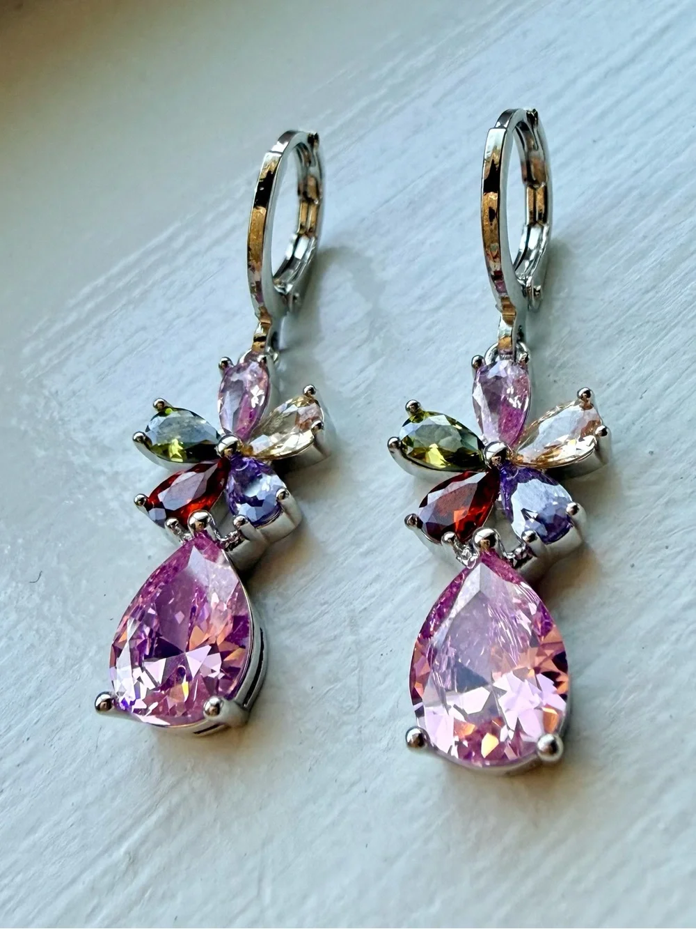 NEW!! Multi-Color Flower Drop Earrings with Pink Teardrop Gem